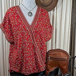 NWOT - Floral-Print Faux Wrap L Short Sleeve Blouse